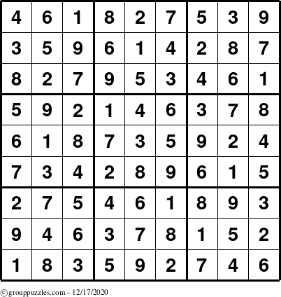 The grouppuzzles.com Answer grid for the Sudoku puzzle for Thursday December 17, 2020