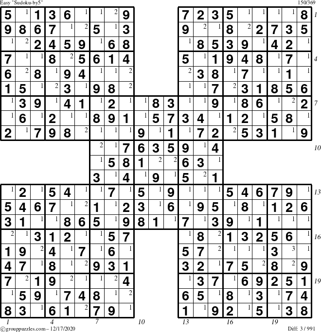 The grouppuzzles.com Easy Sudoku-by5 puzzle for Thursday December 17, 2020 with all 3 steps marked