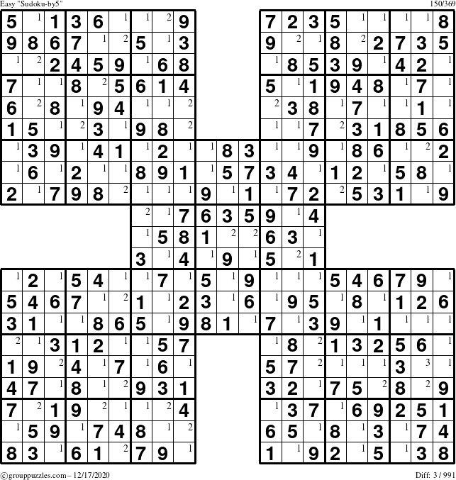 The grouppuzzles.com Easy Sudoku-by5 puzzle for Thursday December 17, 2020 with the first 3 steps marked