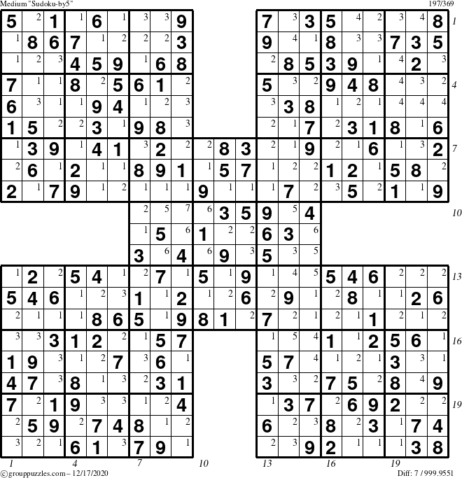 The grouppuzzles.com Medium Sudoku-by5 puzzle for Thursday December 17, 2020 with all 7 steps marked