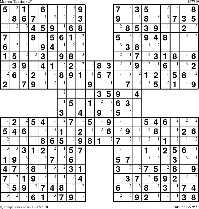 The grouppuzzles.com Medium Sudoku-by5 puzzle for Thursday December 17, 2020 with the first 3 steps marked