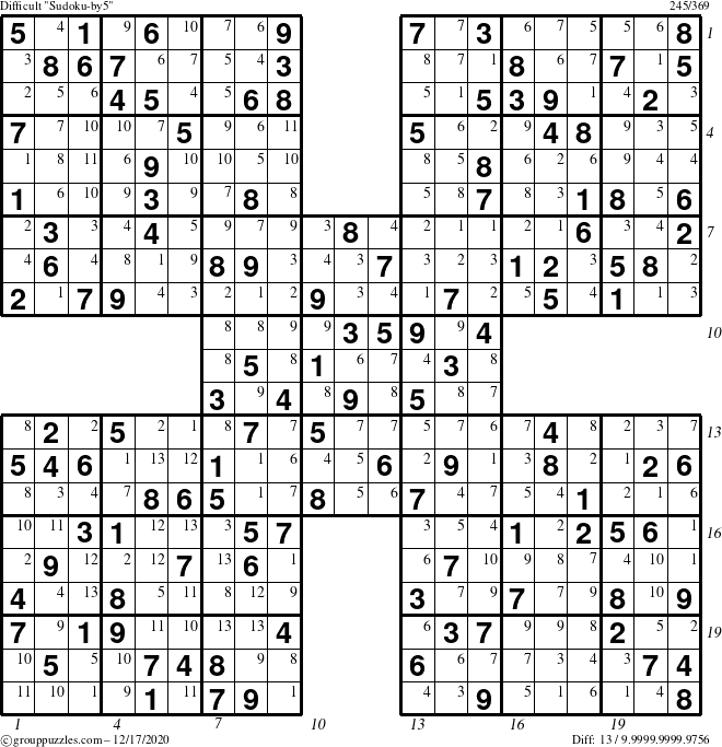 The grouppuzzles.com Difficult Sudoku-by5 puzzle for Thursday December 17, 2020 with all 13 steps marked