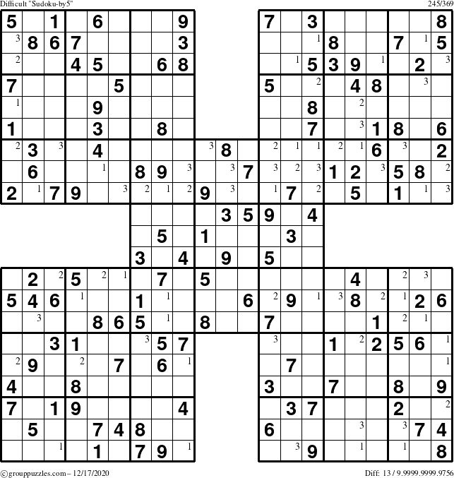 The grouppuzzles.com Difficult Sudoku-by5 puzzle for Thursday December 17, 2020 with the first 3 steps marked