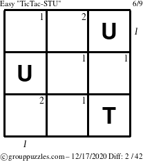 The grouppuzzles.com Easy TicTac-STU puzzle for Thursday December 17, 2020, suitable for printing, with all 2 steps marked