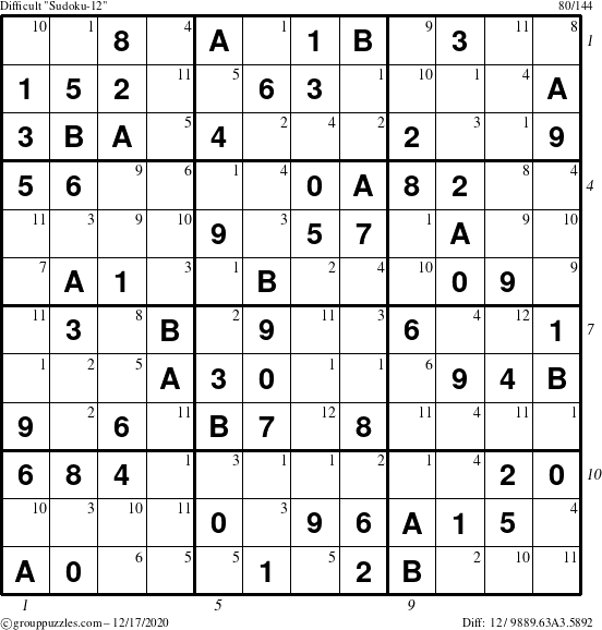 The grouppuzzles.com Difficult Sudoku-12 puzzle for Thursday December 17, 2020 with all 12 steps marked