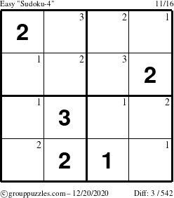 The grouppuzzles.com Easy Sudoku-4 puzzle for Sunday December 20, 2020 with the first 3 steps marked