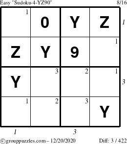 The grouppuzzles.com Easy Sudoku-4-YZ90 puzzle for Sunday December 20, 2020, suitable for printing, with all 3 steps marked