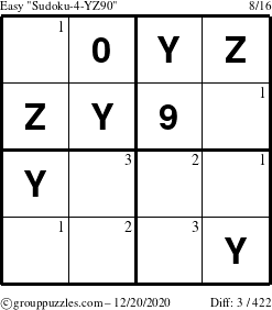 The grouppuzzles.com Easy Sudoku-4-YZ90 puzzle for Sunday December 20, 2020 with the first 3 steps marked