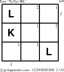 The grouppuzzles.com Easy TicTac-JKL puzzle for Sunday December 20, 2020 with all 2 steps marked