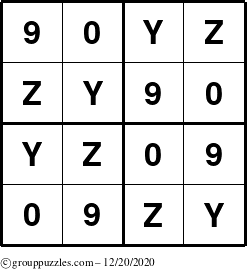 The grouppuzzles.com Answer grid for the Sudoku-4-YZ90 puzzle for Sunday December 20, 2020