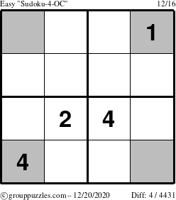 The grouppuzzles.com Easy Sudoku-4-OC puzzle for Sunday December 20, 2020