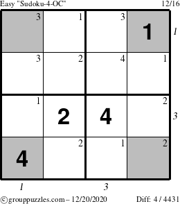 The grouppuzzles.com Easy Sudoku-4-OC puzzle for Sunday December 20, 2020 with all 4 steps marked