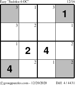 The grouppuzzles.com Easy Sudoku-4-OC puzzle for Sunday December 20, 2020 with the first 3 steps marked