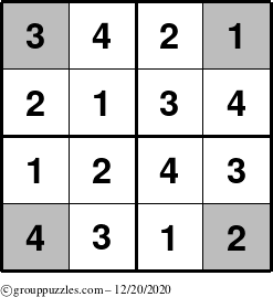 The grouppuzzles.com Answer grid for the Sudoku-4-OC puzzle for Sunday December 20, 2020