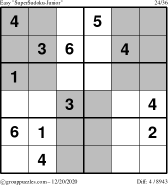 The grouppuzzles.com Easy SuperSudoku-Junior puzzle for Sunday December 20, 2020