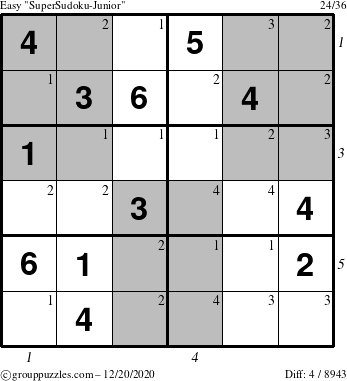 The grouppuzzles.com Easy SuperSudoku-Junior puzzle for Sunday December 20, 2020 with all 4 steps marked