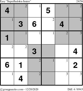 The grouppuzzles.com Easy SuperSudoku-Junior puzzle for Sunday December 20, 2020 with the first 3 steps marked