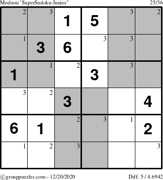 The grouppuzzles.com Medium SuperSudoku-Junior puzzle for Sunday December 20, 2020 with the first 3 steps marked