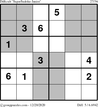 The grouppuzzles.com Difficult SuperSudoku-Junior puzzle for Sunday December 20, 2020