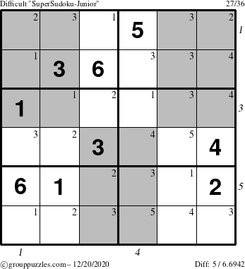 The grouppuzzles.com Difficult SuperSudoku-Junior puzzle for Sunday December 20, 2020, suitable for printing, with all 5 steps marked