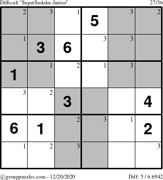 The grouppuzzles.com Difficult SuperSudoku-Junior puzzle for Sunday December 20, 2020 with the first 3 steps marked