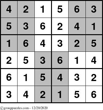 The grouppuzzles.com Answer grid for the SuperSudoku-Junior puzzle for Sunday December 20, 2020