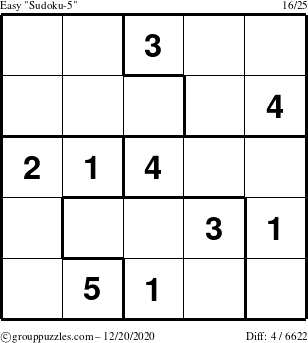 The grouppuzzles.com Easy Sudoku-5 puzzle for Sunday December 20, 2020