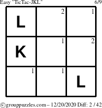 The grouppuzzles.com Easy TicTac-JKL puzzle for Sunday December 20, 2020 with the first 2 steps marked