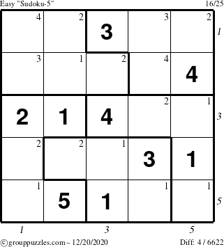 The grouppuzzles.com Easy Sudoku-5 puzzle for Sunday December 20, 2020 with all 4 steps marked