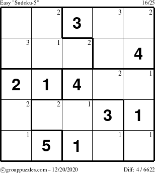 The grouppuzzles.com Easy Sudoku-5 puzzle for Sunday December 20, 2020 with the first 3 steps marked