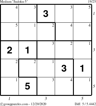 The grouppuzzles.com Medium Sudoku-5 puzzle for Sunday December 20, 2020 with all 5 steps marked