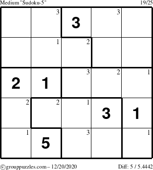 The grouppuzzles.com Medium Sudoku-5 puzzle for Sunday December 20, 2020 with the first 3 steps marked