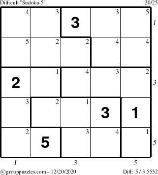 The grouppuzzles.com Difficult Sudoku-5 puzzle for Sunday December 20, 2020 with all 5 steps marked