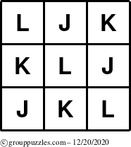 The grouppuzzles.com Answer grid for the TicTac-JKL puzzle for Sunday December 20, 2020