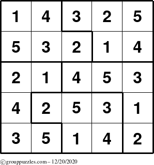 The grouppuzzles.com Answer grid for the Sudoku-5 puzzle for Sunday December 20, 2020