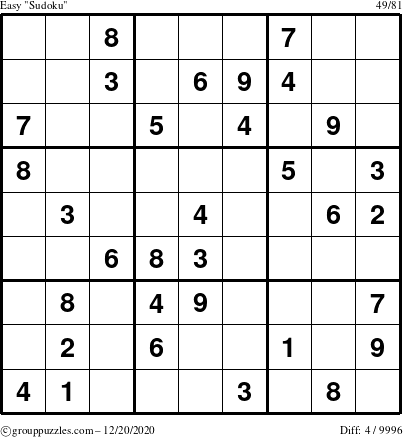 The grouppuzzles.com Easy Sudoku puzzle for Sunday December 20, 2020