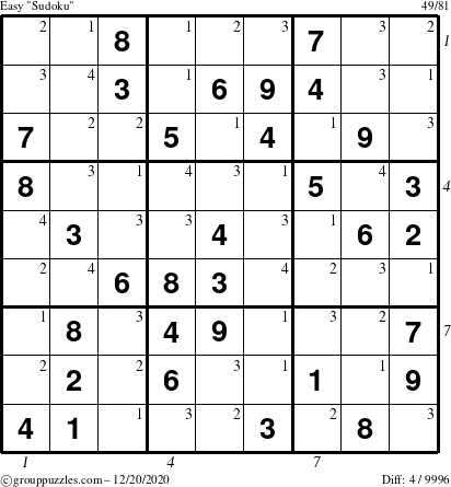 The grouppuzzles.com Easy Sudoku puzzle for Sunday December 20, 2020 with all 4 steps marked