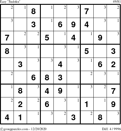 The grouppuzzles.com Easy Sudoku puzzle for Sunday December 20, 2020 with the first 3 steps marked