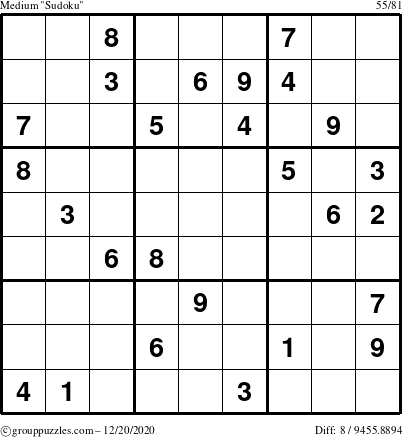 The grouppuzzles.com Medium Sudoku puzzle for Sunday December 20, 2020