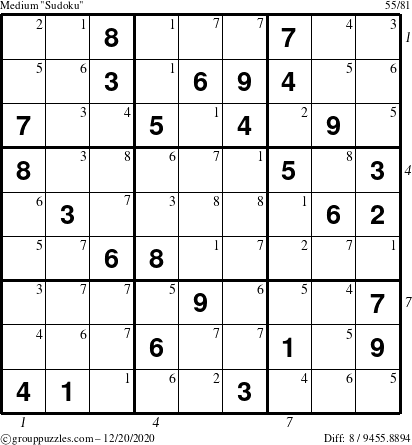 The grouppuzzles.com Medium Sudoku puzzle for Sunday December 20, 2020 with all 8 steps marked