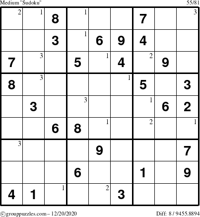 The grouppuzzles.com Medium Sudoku puzzle for Sunday December 20, 2020 with the first 3 steps marked