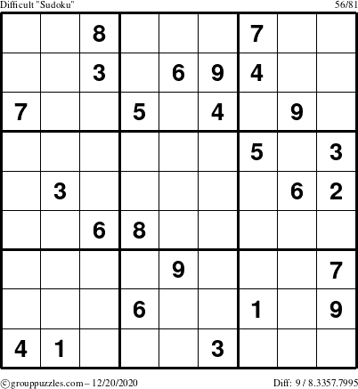 The grouppuzzles.com Difficult Sudoku puzzle for Sunday December 20, 2020