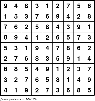 The grouppuzzles.com Answer grid for the Sudoku puzzle for Sunday December 20, 2020