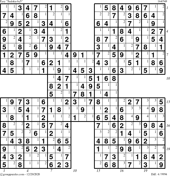 The grouppuzzles.com Easy Sudoku-by5 puzzle for Sunday December 20, 2020 with all 4 steps marked