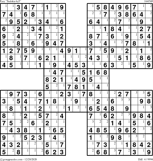 The grouppuzzles.com Easy Sudoku-by5 puzzle for Sunday December 20, 2020 with the first 3 steps marked