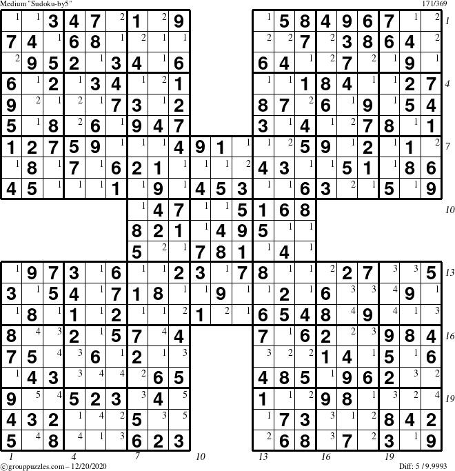 The grouppuzzles.com Medium Sudoku-by5 puzzle for Sunday December 20, 2020, suitable for printing, with all 5 steps marked