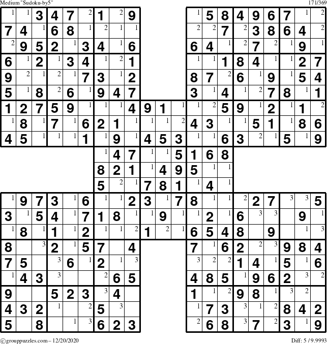 The grouppuzzles.com Medium Sudoku-by5 puzzle for Sunday December 20, 2020 with the first 3 steps marked