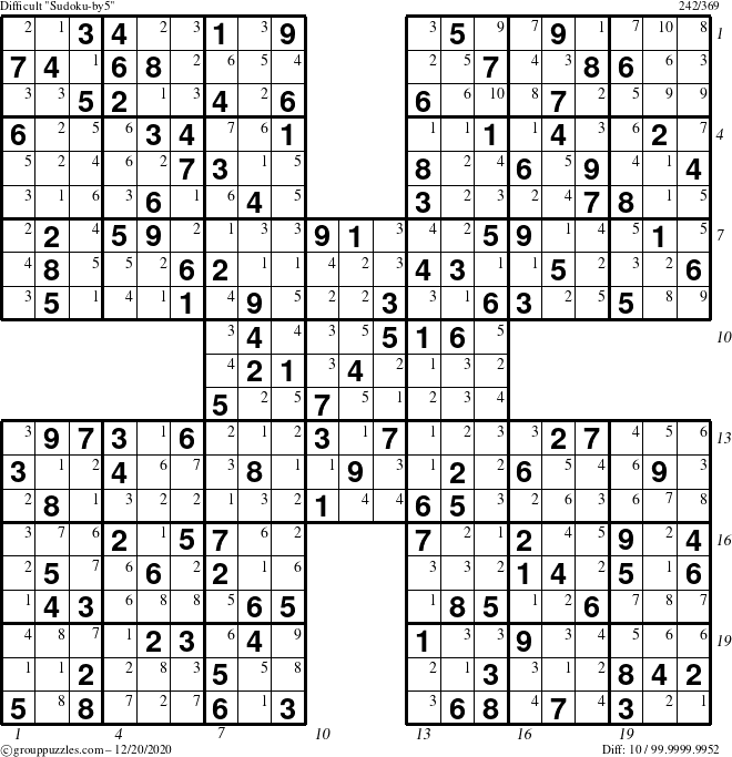 The grouppuzzles.com Difficult Sudoku-by5 puzzle for Sunday December 20, 2020 with all 10 steps marked