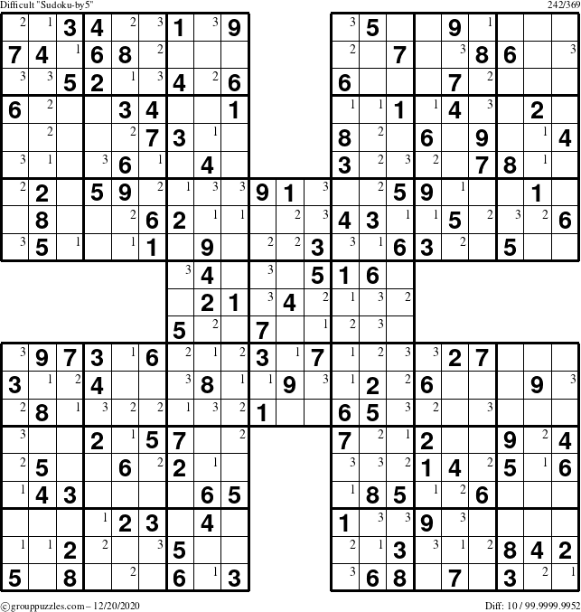 The grouppuzzles.com Difficult Sudoku-by5 puzzle for Sunday December 20, 2020 with the first 3 steps marked