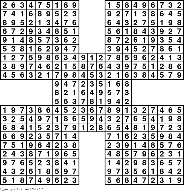 The grouppuzzles.com Answer grid for the Sudoku-by5 puzzle for Sunday December 20, 2020